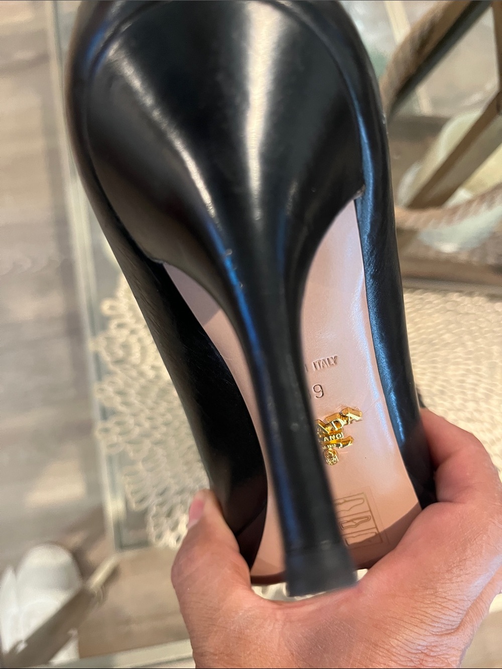 Prada Black Leather Peep-Toe Pumps with Neutral Insole - Picture 5 of 10